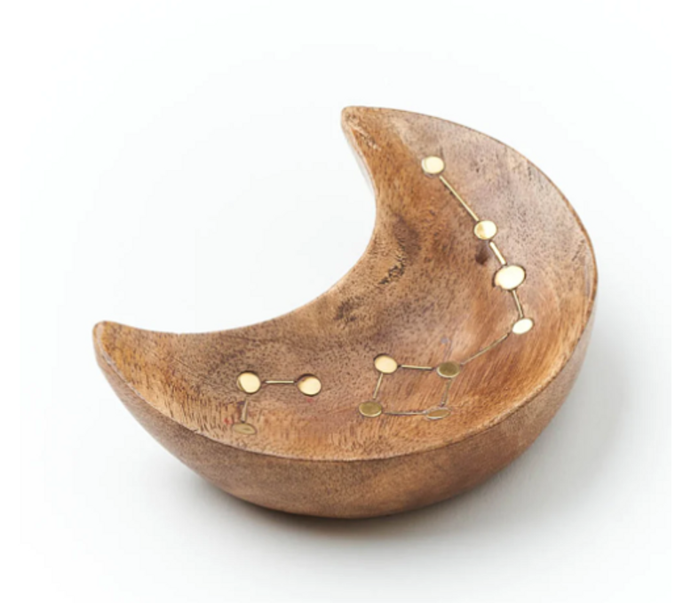 small crescent moon trinket dish, metal inlay of constellations