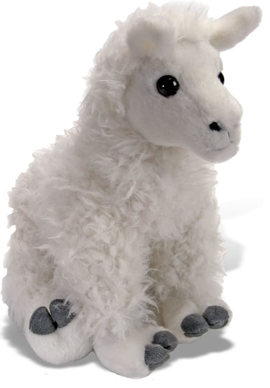 Image of a fluffy white plush llama with gray hooves and detailing and brown eyes, against a white background.