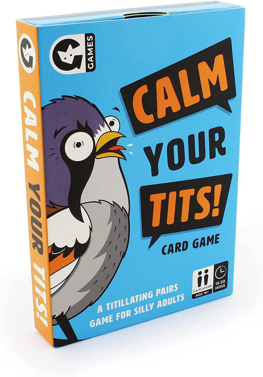 The aim of this titillating pairs game for very silly adults is to win all the cards or be the last tit standing!
Players win cards for correctly shouting "Nice tits!" or "Tough tits!" when a matching pair shows, or for having the quickest hand action when the Fat Balls appear.