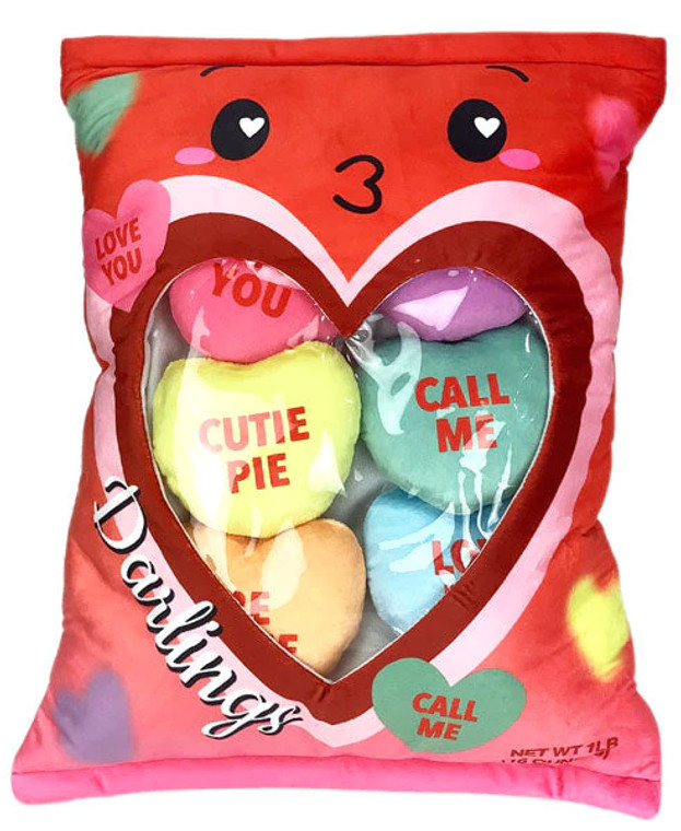 A zippered pouch filled with heart shaped plushies.
