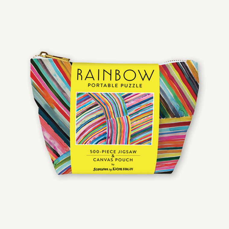Abstract rainbow pouch with yellow paper sleeve.
