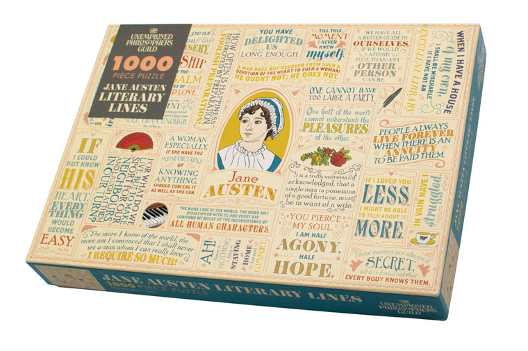 Box for puzzle displaying the puzzle's image. Various quotes from Jane Austen novels surrounding an illustration of Austen herself.