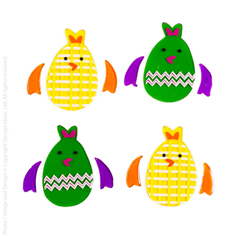 Four gel window stickers shaped like chicks.  Two yellow with plaid pattern and two green with zigzag pattern.