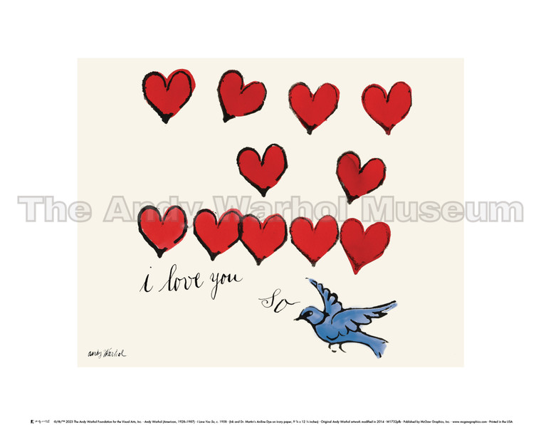 A series or red hearts with a blue bird and text "I love you so"
