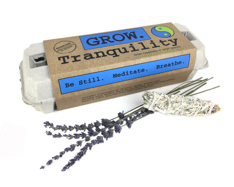 egg carton with "GROW" written in a blue box, small bunch of lavender on its side