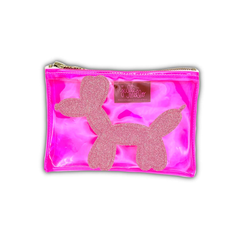 Clear pink vinyl glitter pouch with a balloon dog.