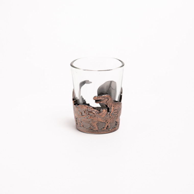 Side view of a 3d shot glass with T-rex and Triceratops.