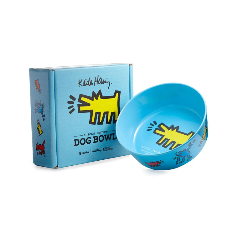 Keith Haring blue dog bowl displayed with it's packaging.