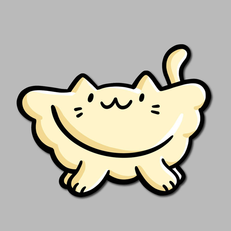 A pierogi shaped sticker with a cat face.