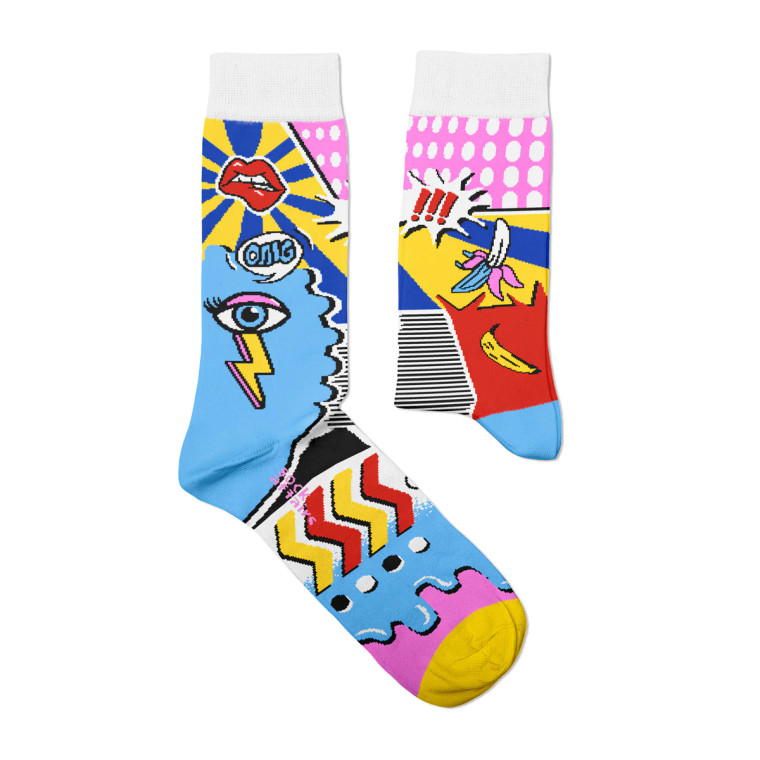 The pop art sock shown in full and also folded.