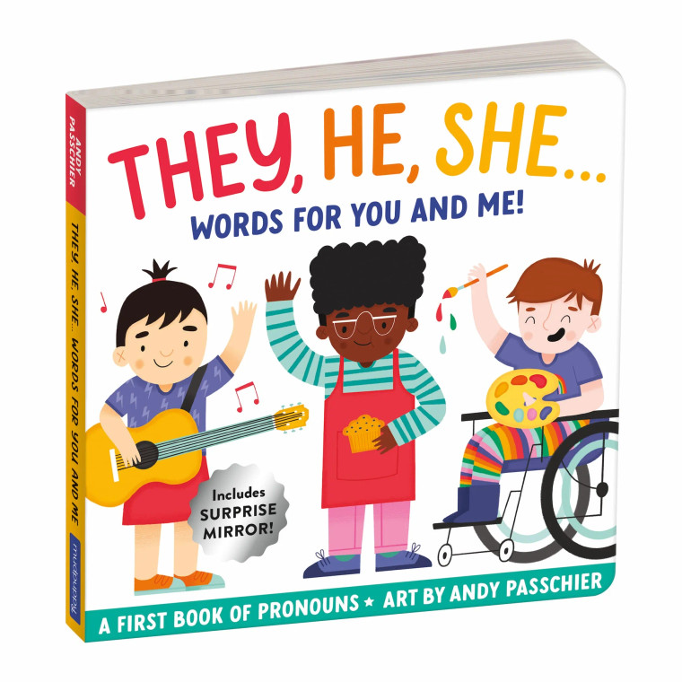 Book cover showing 3 illustrations of people. Text: "They, He, She, words for you and me".