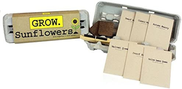 Egg Carton Garden Includes: 6 packages of Heirloom Sunflower Seeds, Starter Soil, Wooden Plant ID Stakes, Growing Instructions, Pencil & 100% Recycled Fiber Egg Carton Planter!