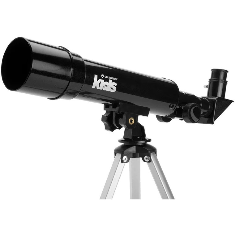 Image of the Celestron Kids 50mm telescope on its tripod, against a white background