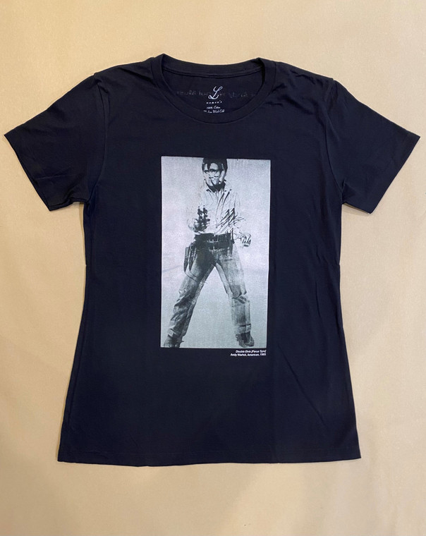 A black t-shirt with an image of Elvis Presley holding a gun