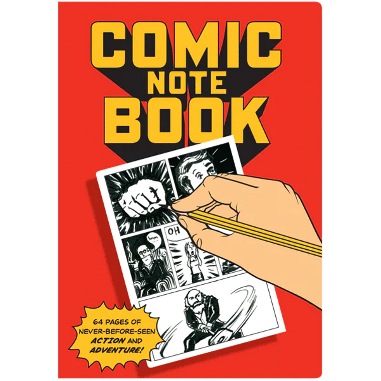 Red cover, with yellow text with an image of a hand drawing in comic book panels. Text: Comic notebook.