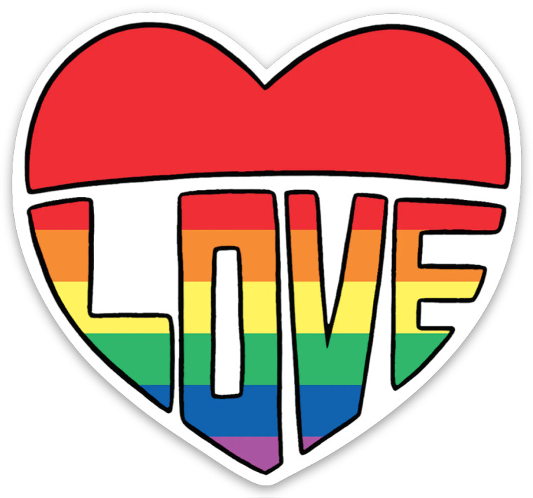 Heart shaped sticker, word in rainbow text: love.