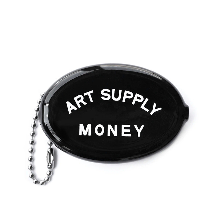 Black coin pouch, white text: Art Supply Money