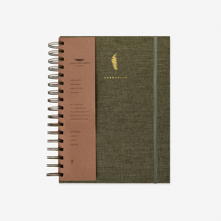 spiralbound notebook with dark olive-green linen cover.