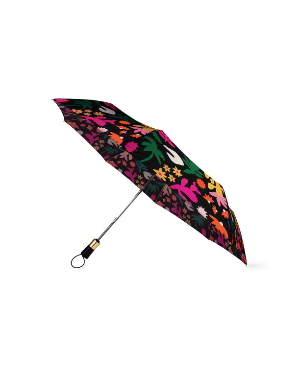 Opened black umbrella with bright flower pattern.