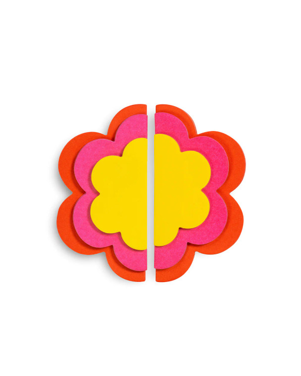Flower shaped stacked sticky note with a yellow center.