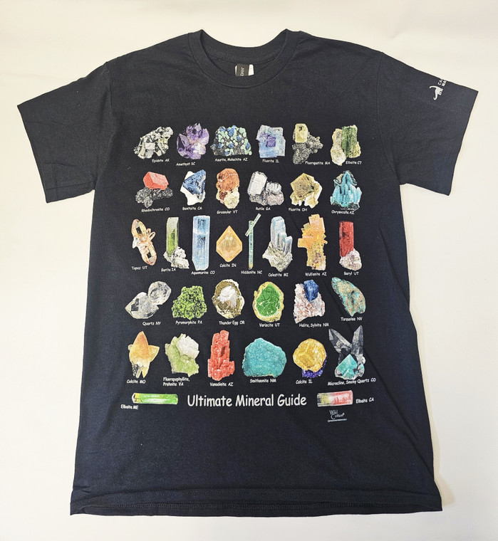 black shirt with various gemstones printed on it