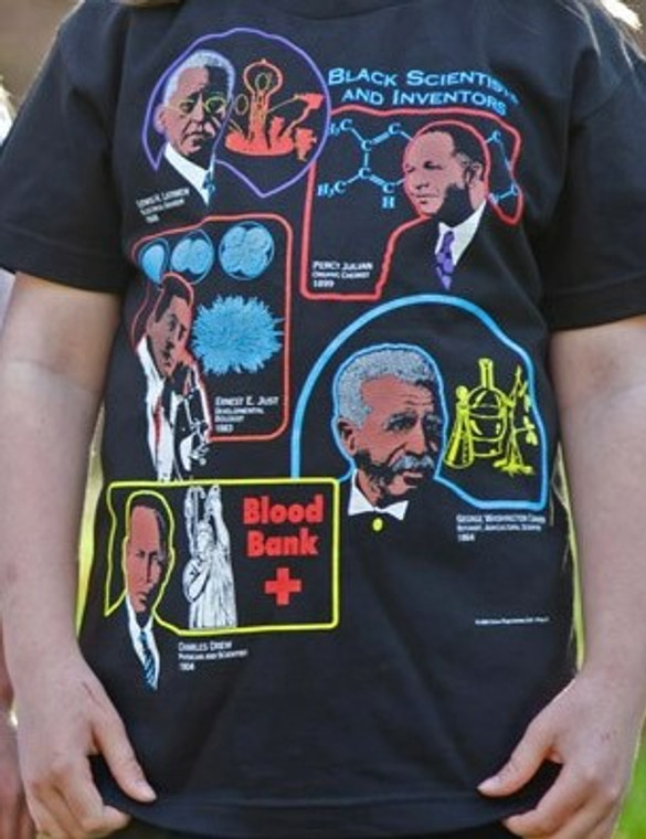 This T-shirt features five famous Scientist and Inventors. Their achievements are  described on the shirt.