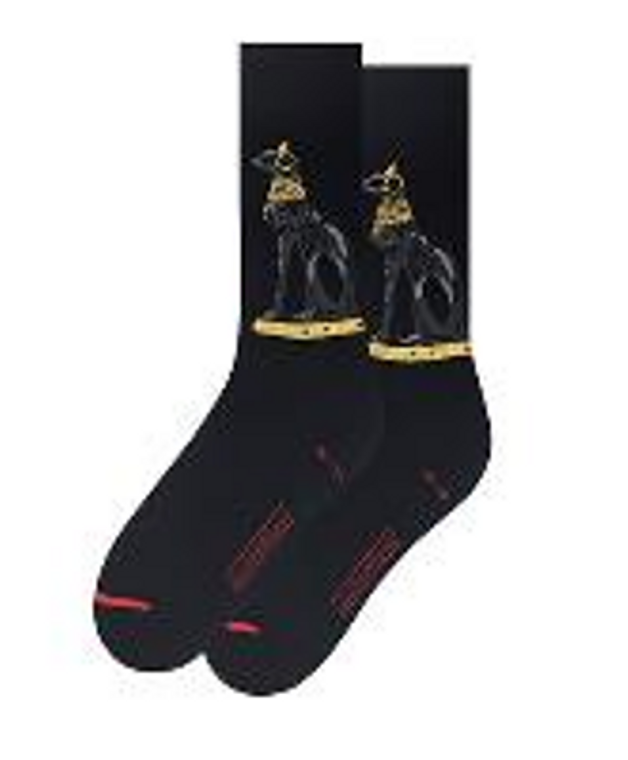 black sock with gray and gold bastet stitched in it