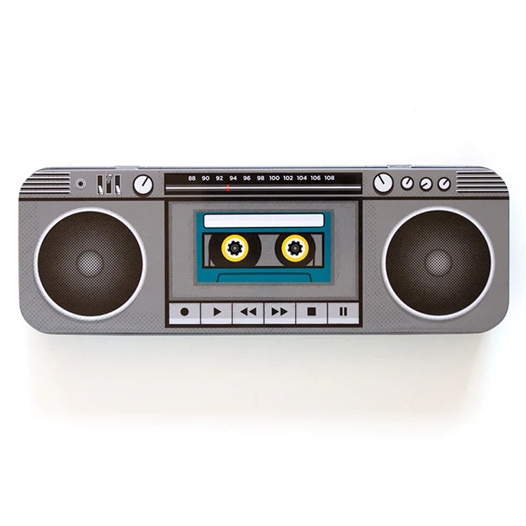Pencil box with an illustration of cassette player boom box