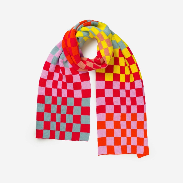 Checkered scarf with bright reds, pinks, yellows, oranges, and blues.