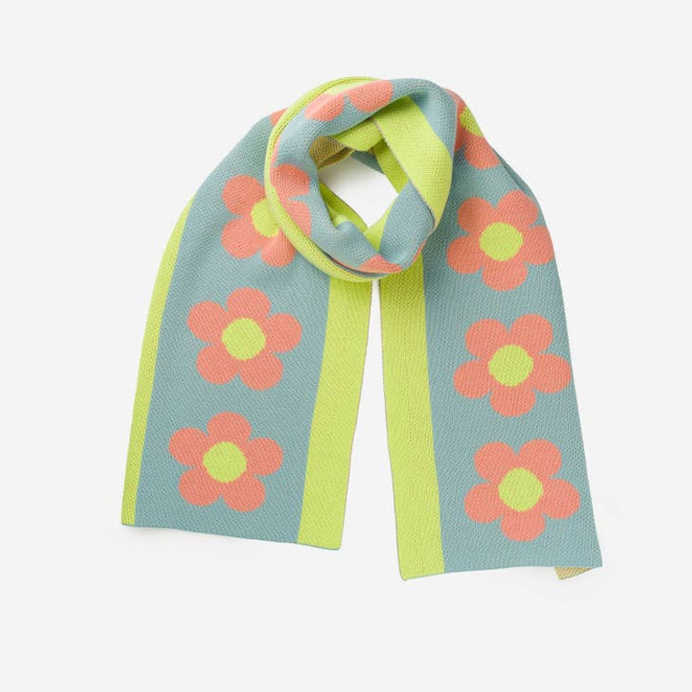Scarf with stone blue stripe, neon green stripe and pink flowers.