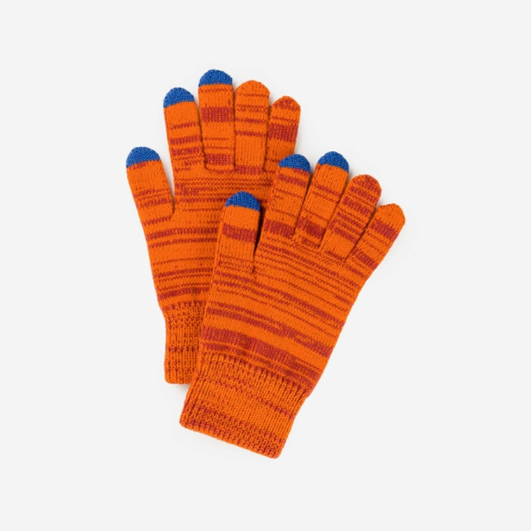 Orange and wine-colored gloves with bright blue fingertips on thumb and forefinger.