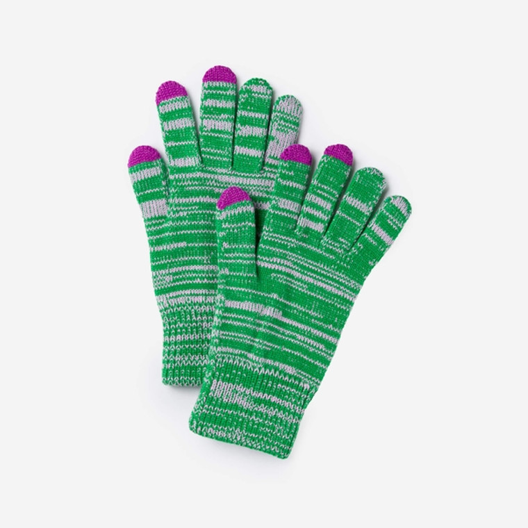 Green and light purple striped gloves with bright purple fingertips on thumb, forefinger, and middle finger. Green and light purple striped gloves with bright purple fingertips on thumb, forefinger, and middle finger.