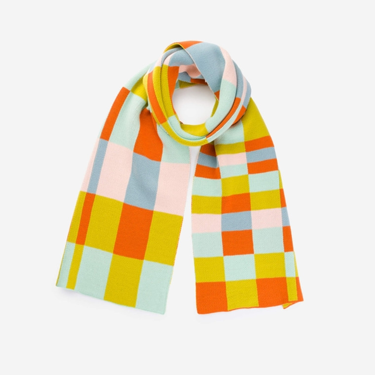 Rectangular-tiled scarf featuring the colors orange, stone blue, light blue, light pink, and saffron.