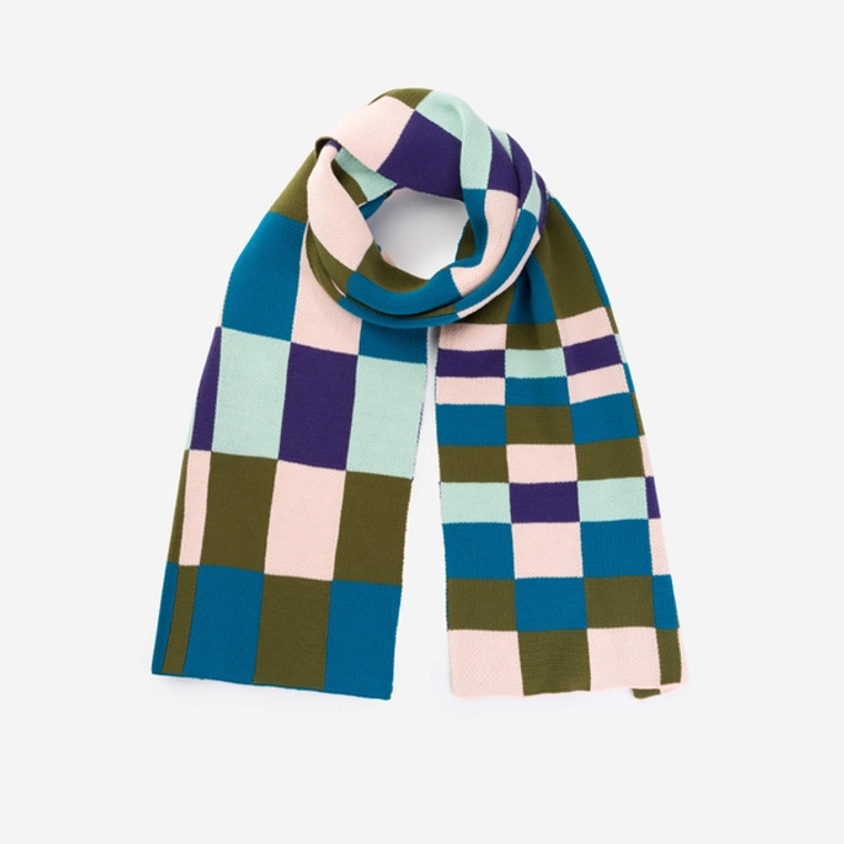 Rectangular-tiled scarf featuring the colors teal, light pink, olive green, light blue, and dark purple.