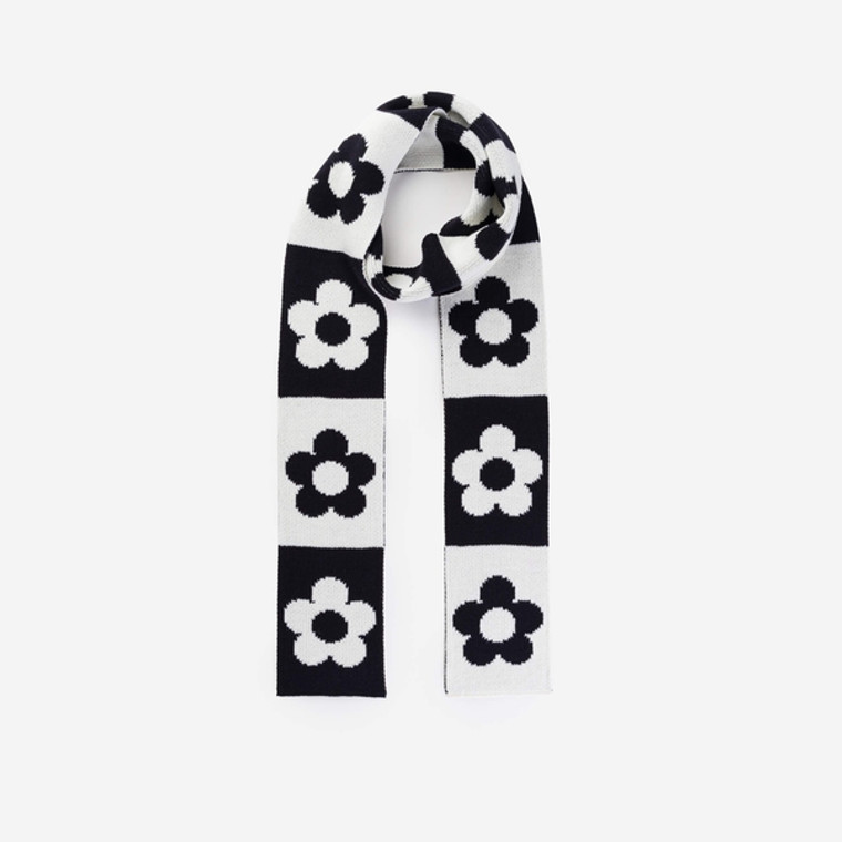 Black and white block scarf with flowers in each block.