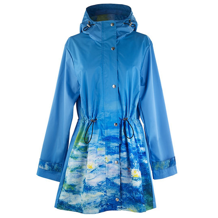 Blue raincoat with Monet's Waterlilies on bottom half and in hood.