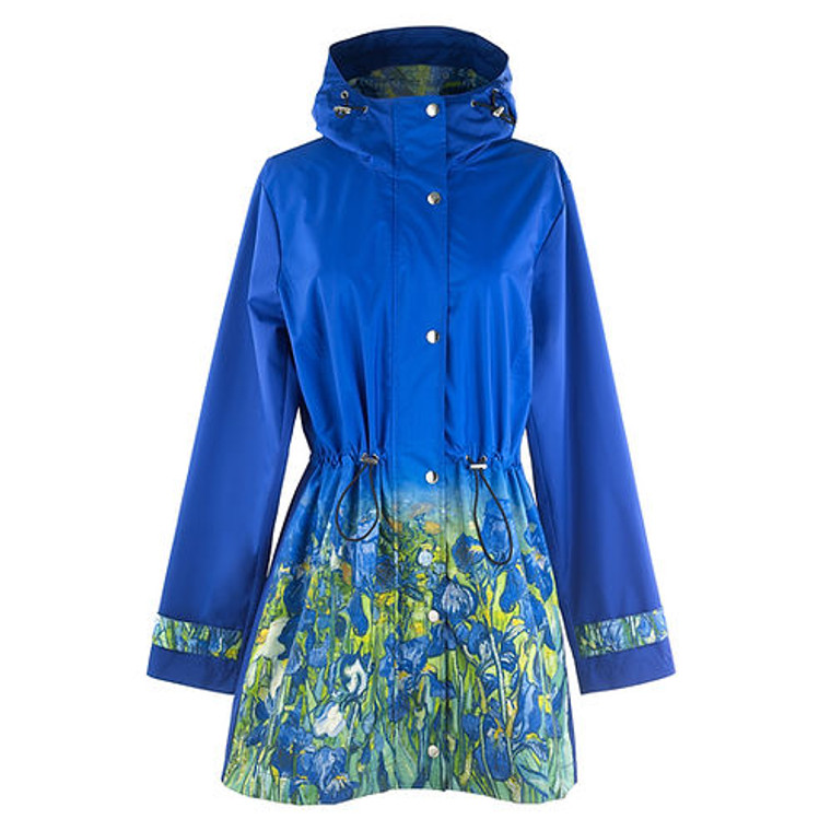 Blue raincoat with Van Gogh's Irises on the bottom and in the hood.