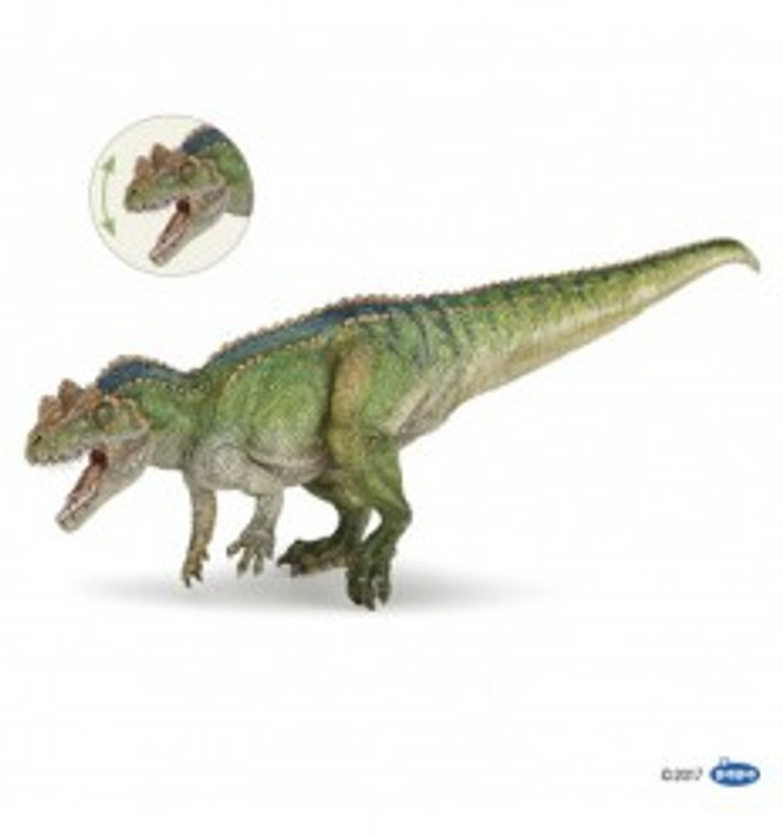 Ceratosaurus green blue with humps from head to tail, adjustable jaw and claws and teeth.