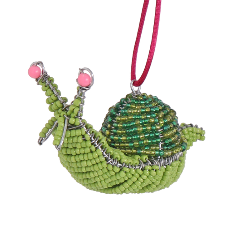 beaded snail ornaments with light green body and dark green shell