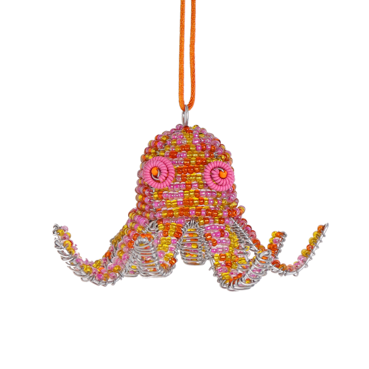 orange, yellow and pink beaded octopus with pink eyes