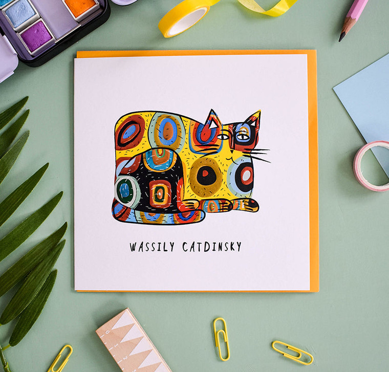 Square notecard featuring loafing cat in the style of circles reminiscent of Wassily Kandinsky.