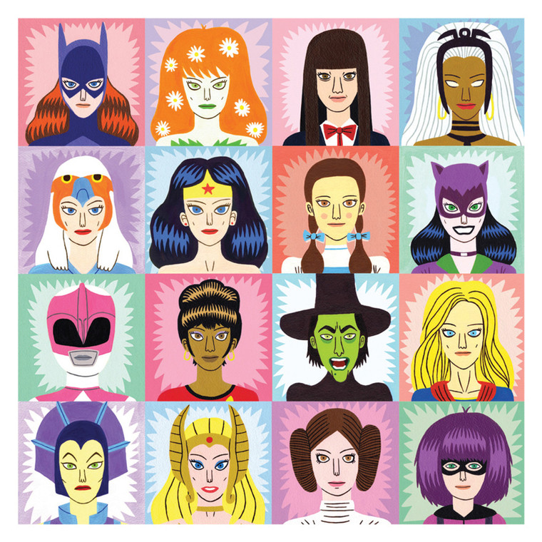 Square card featuring 12 various heroines and villains in pop culture.