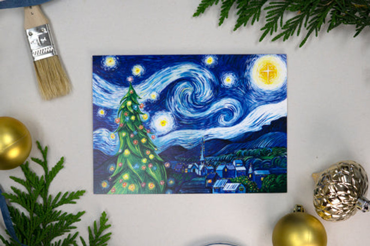Greeting card in the style of Van Gogh's Starry Night, featuring Christmas tree and lit up town.