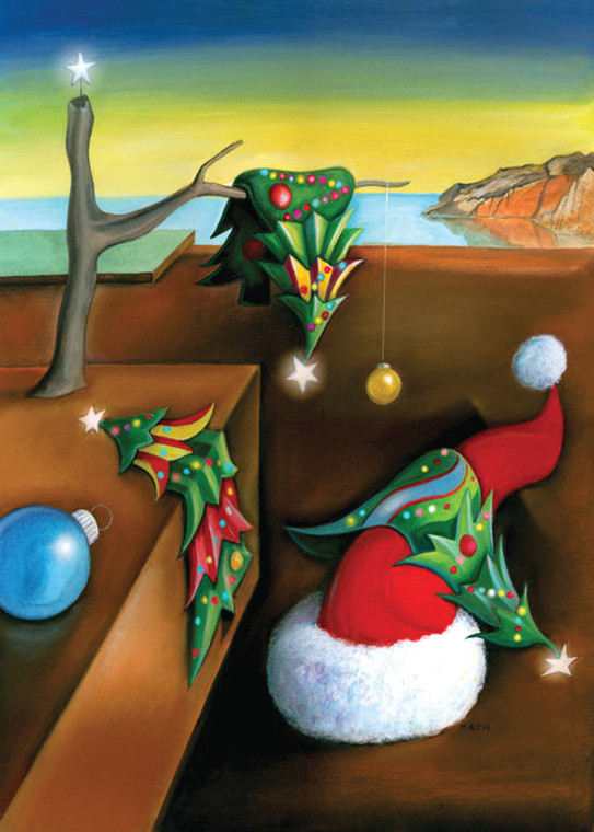 Melting Christmas trees and hat reminiscent of Salvador Dali's The Persistence of Time