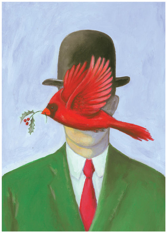 Person in top hat with cardinal blocking face.