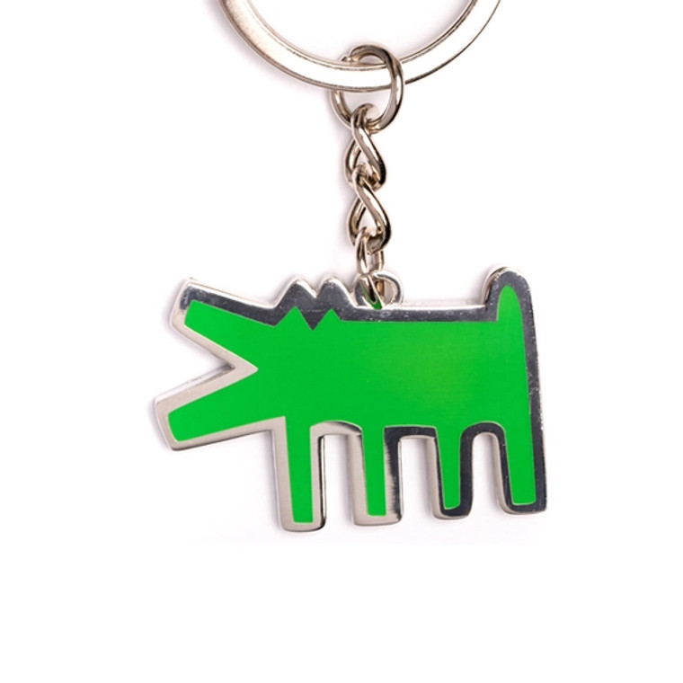 Barking dog green enamel keychain.