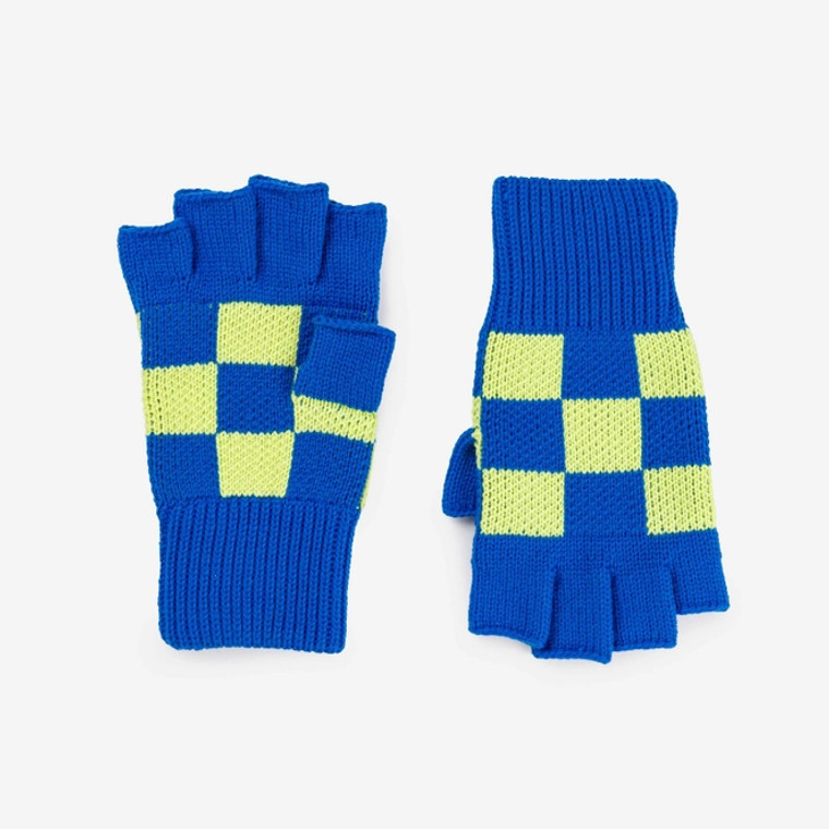 Checkerboard Fingerless Gloves Lime Cobalt