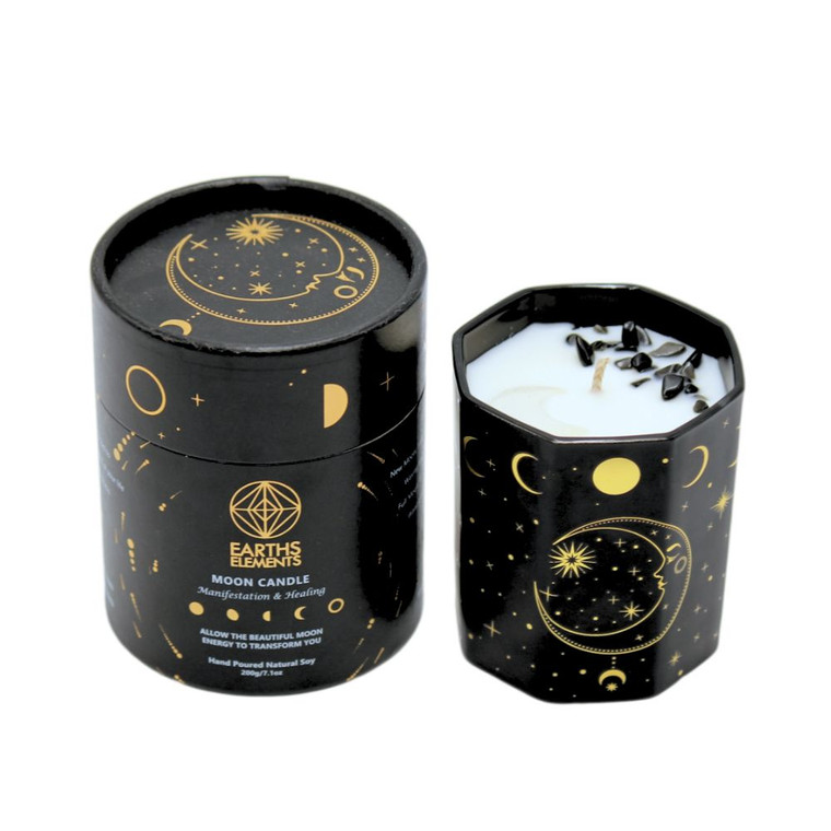 Hand-poured, natural soy Tequila candle with Black Obsidian stones and Clear Quartz Moon. Sourced from organic ingredients.
Size: 7.1oz/200g 40 hours burn time.