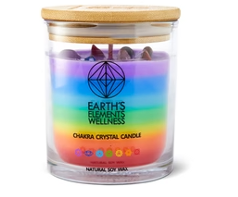 7 Chakra Crystal Candle – with Clear Quartz, Amethyst, Lapis Lazuli, Green Aventurine, Tiger’s Eye, Carnelian & Red Jasper Crystals.
7.1oz/200g 50 hours burn time.