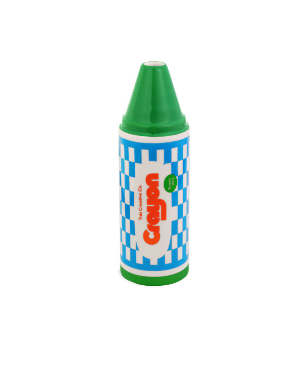 Crayon shaped vase in green with red letters. text: Crayon